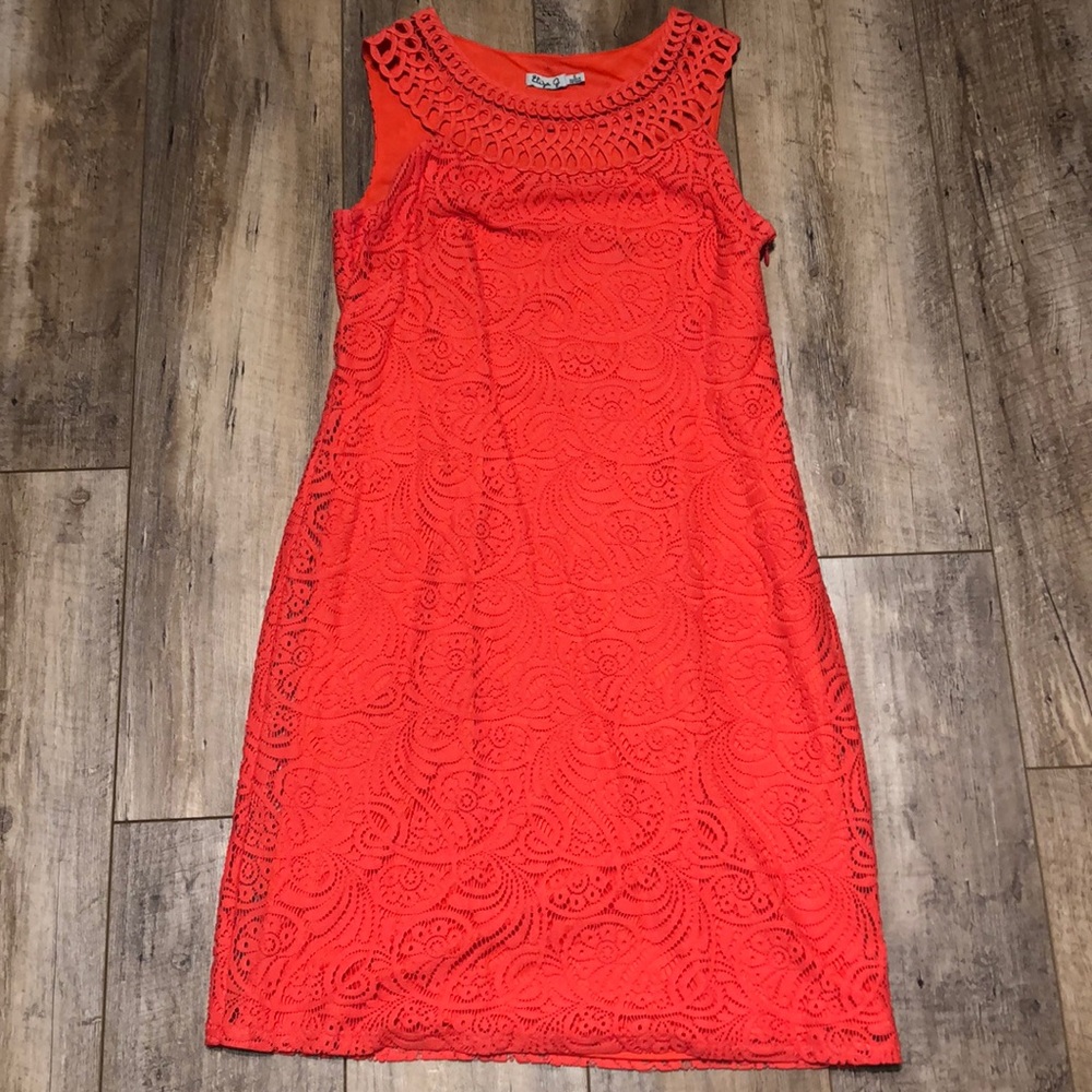 Beautiful Coral Lace Overlay Dress - EUC